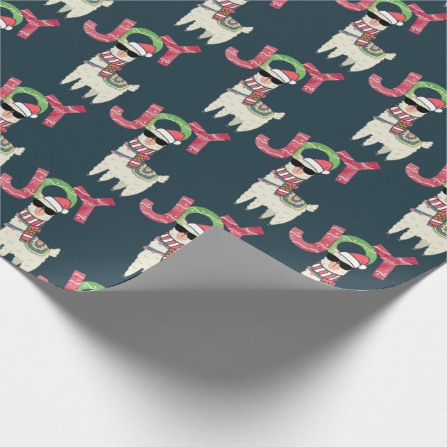 Llama wearing a Santa Hat and Sunglasses Joy Wrapping Paper (Corner)
