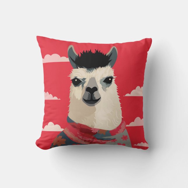 Llama Wearing Floral Scarf Under Red Sky Throw Pillow (Front)
