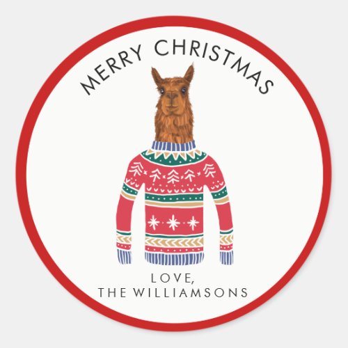 Llama Wearing Funny Ugly Christmas Nordic Sweater Classic Round Sticker