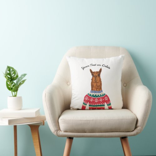 Llama Wearing Funny Ugly Christmas Nordic Sweater Throw Pillow