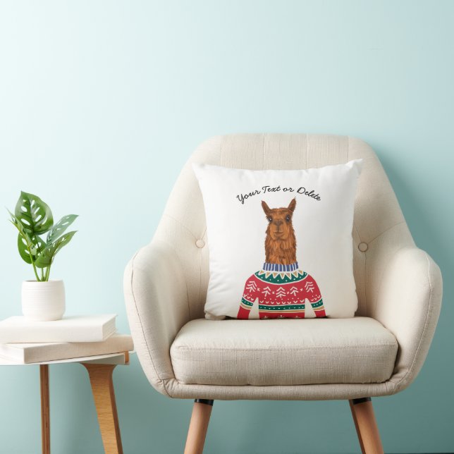 Llama Wearing Funny Ugly Christmas Nordic Sweater Throw Pillow (Chair)