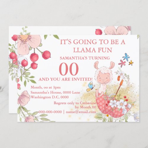 Llama whimsical garden pretty pink flower party invitation