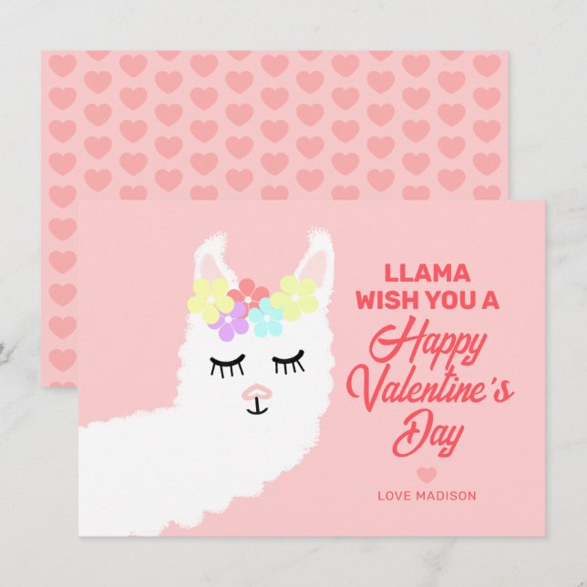 Llama Wish You A Happy Happy Valentines Classroom Holiday Card (Front/Back)