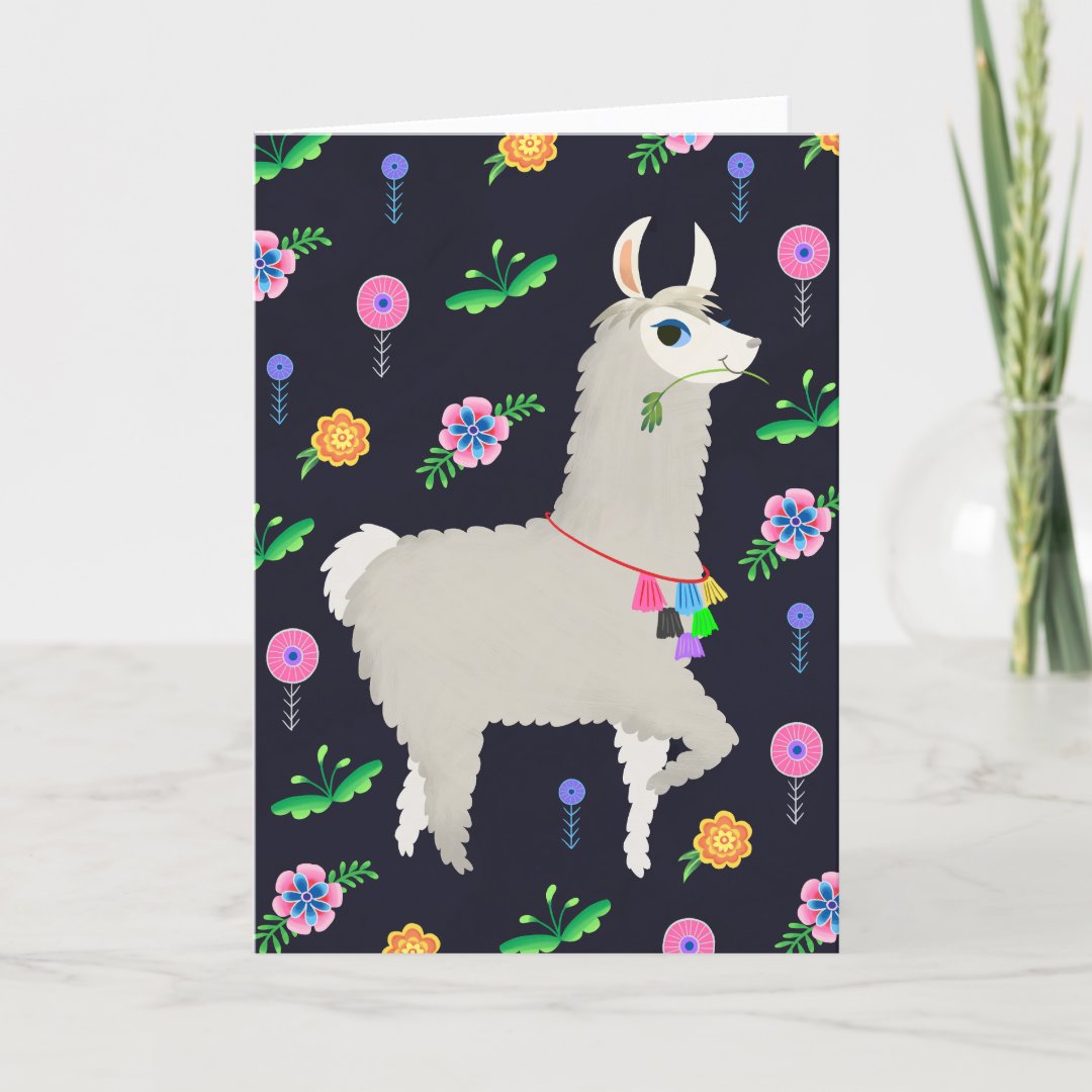 Llama with Flowers Birthday Card (Front)