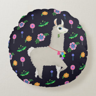 Llama with Flowers Round Pillow