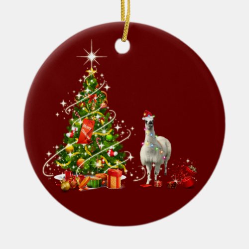 Llama With Hat Light Christmas Ceramic Ornament