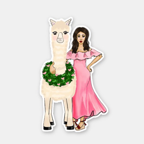 Llama with Heart Wreath and Female Drawing Sticker