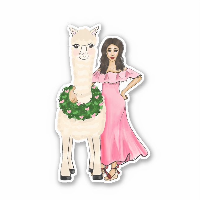 Llama with Heart Wreath and Female Drawing Sticker (Front)