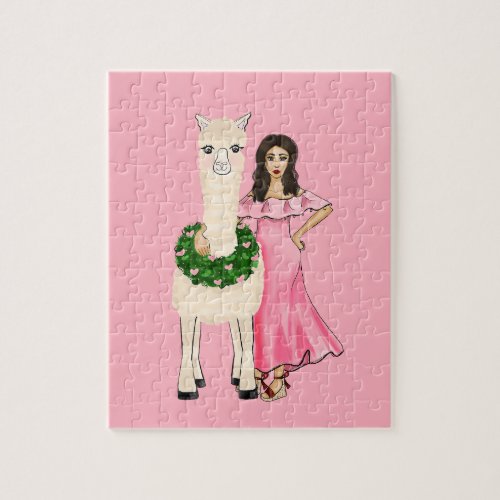 Llama With Heart Wreath and Girl Illustration Jigsaw Puzzle