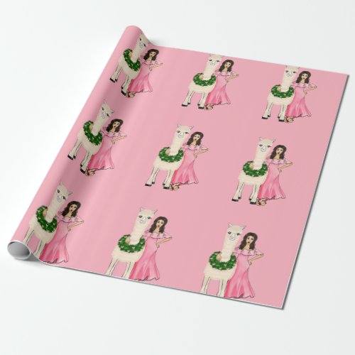 Llama With Heart Wreath and Girl Illustration Wrapping Paper