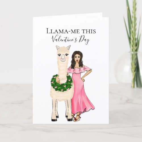 Llama with Hearts Wreath and Female Illustration Holiday Card