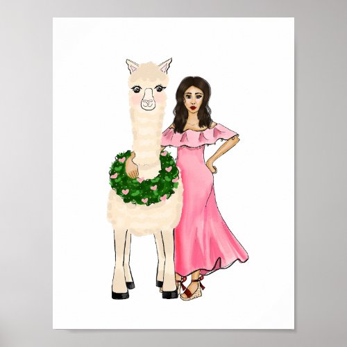 Llama with Pink Hearts Wreath and Female Drawing Poster