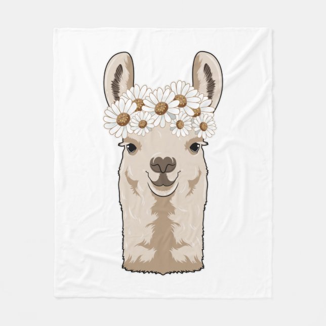 Llama with white Blossoms Fleece Blanket (Front)