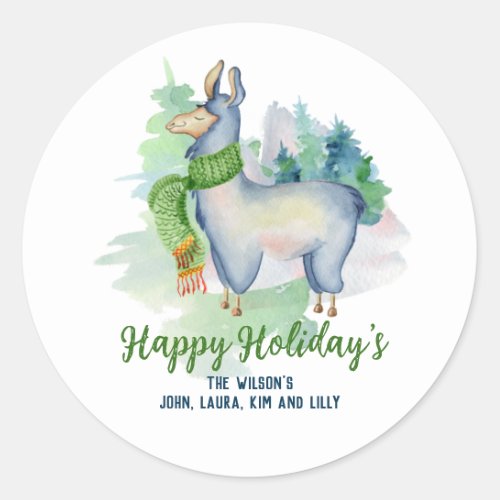 Llama Wreath Watercolor Happy Holidays Custom  Classic Round Sticker