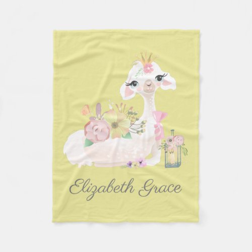 Llama Yellow and White with Flowers Baby Blanket