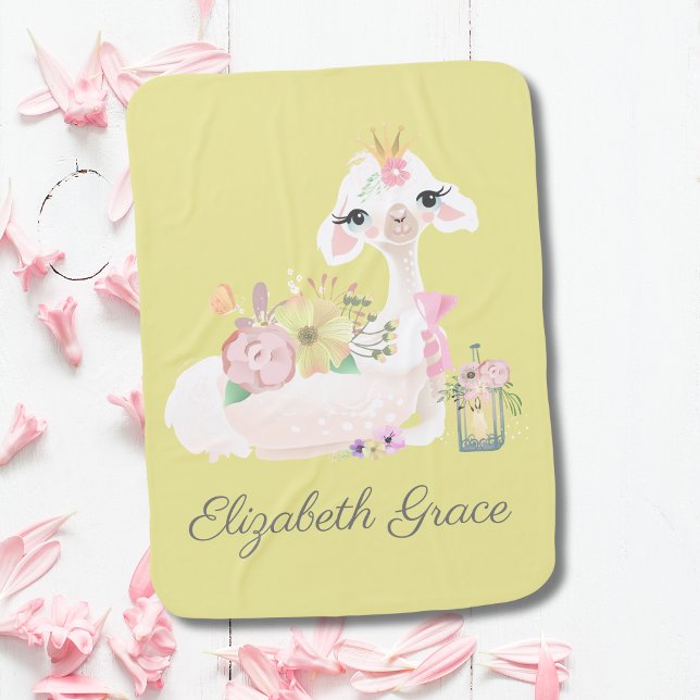 Llama Yellow and White with Flowers Baby Blanket (Personalized White Llama on Yellow Baby blanket. Makes a great gift for the newborn baby girl.)