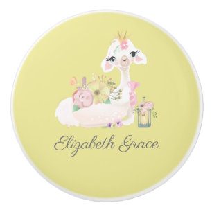 Llama Yellow and White with Flowers Baby  Ceramic Knob