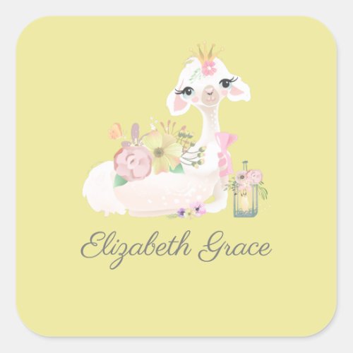 Llama Yellow and White with Flowers Baby  Square Sticker