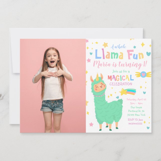 Llamacorn Llama Photo Birthday Party Invitation (Front)