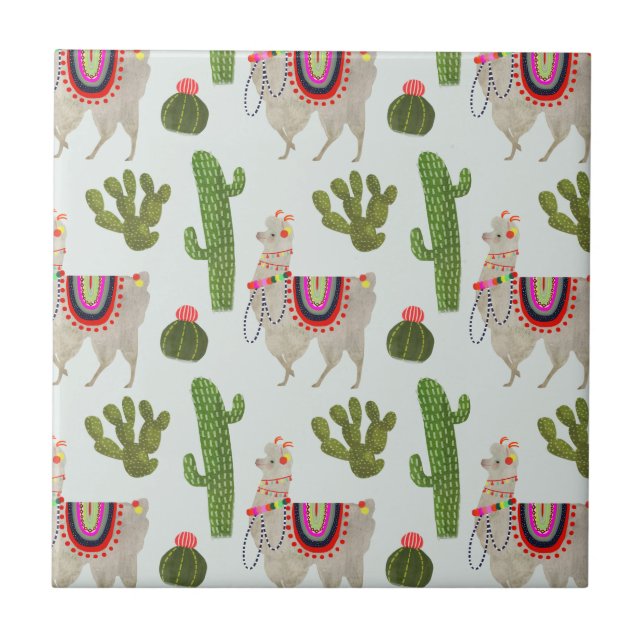 Llamarama Collection | Cactus & Llama Pattern Ceramic Tile (Front)