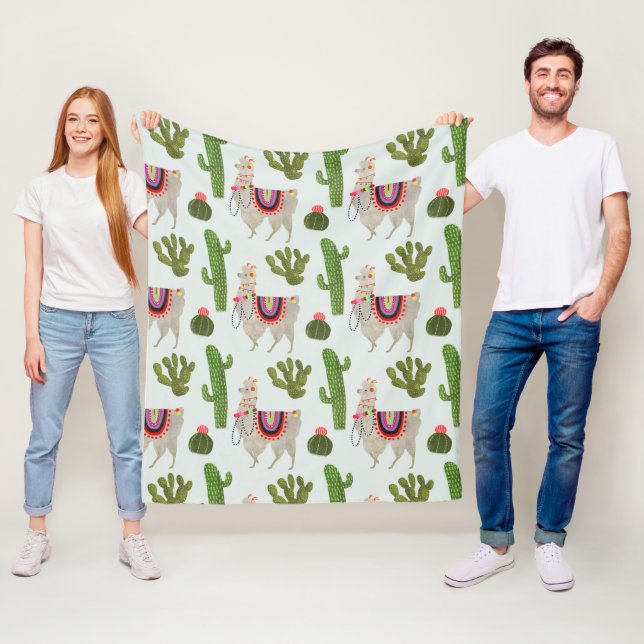 Llamarama Collection | Cactus & Llama Pattern Fleece Blanket (In Situ)