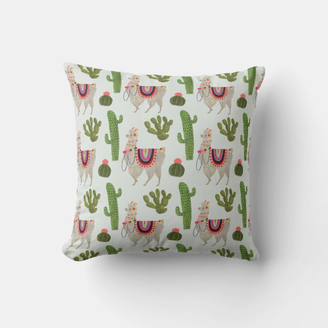 Llamarama Collection | Cactus & Llama Pattern Throw Pillow (Front)