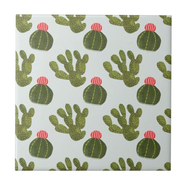 Llamarama Collection | Cute Cactus Pattern Ceramic Tile (Front)