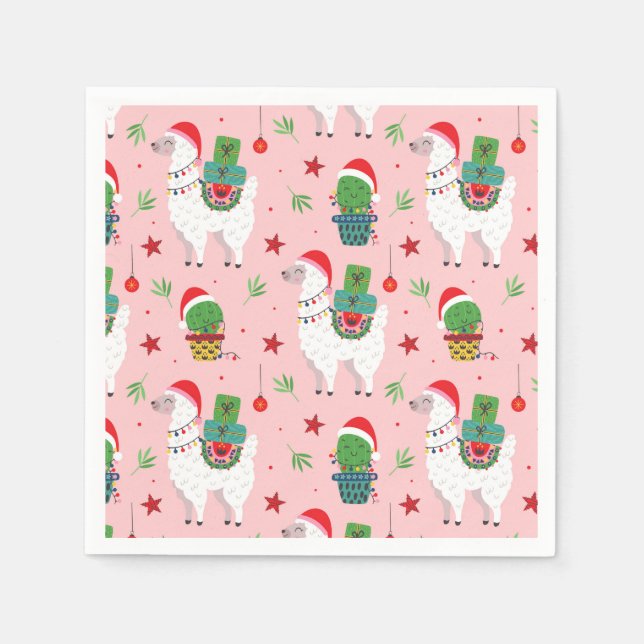 Llamas and Cacti Christmas Pattern Napkins (Front)