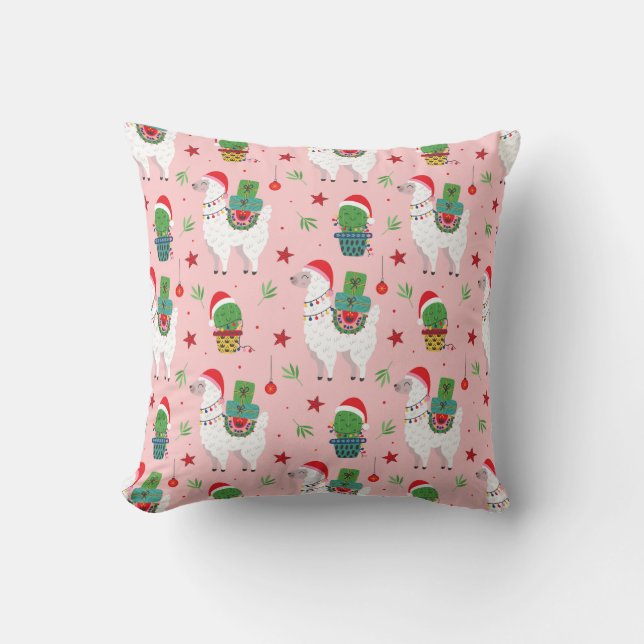 Llamas and Cacti Christmas Pattern Throw Pillow (Front)