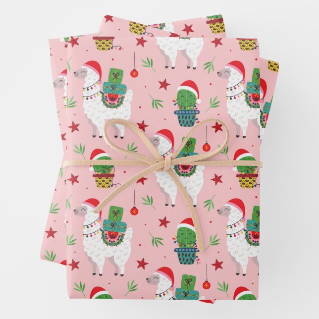 Llamas and Cacti Christmas Pattern Wrapping Paper Sheets (In situ)