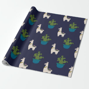 Llamas and Cactus on Navy Wrapping Paper