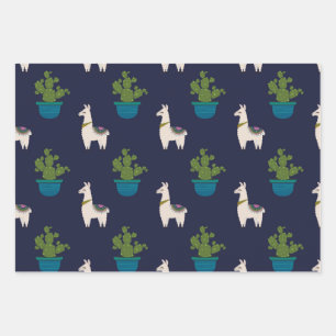 Llamas and Cactus on Navy Wrapping Paper Sheets