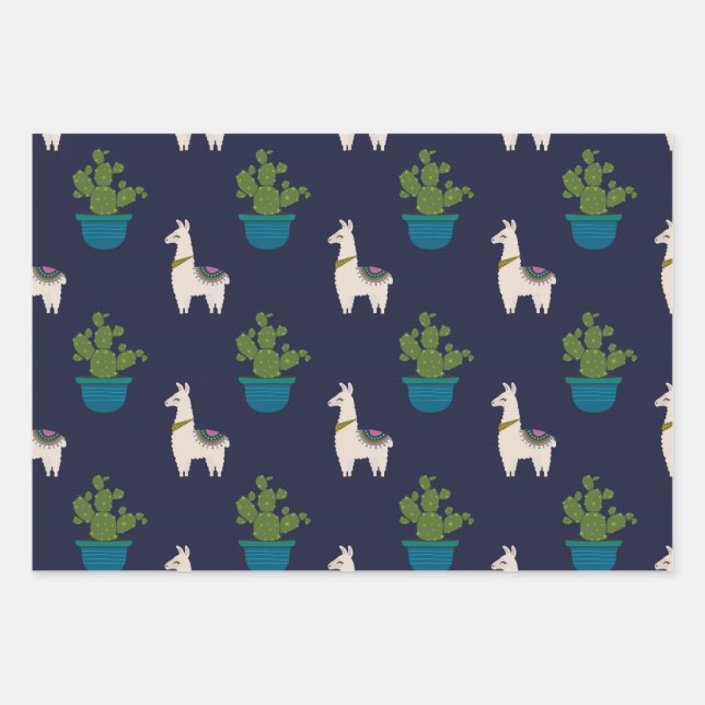 Llamas and Cactus on Navy Wrapping Paper Sheets (Front)