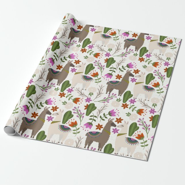 Llamas and Cactus on White Wrapping Paper (Unrolled)
