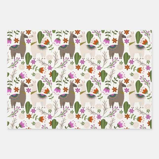 Llamas and Cactus on White Wrapping Paper Sheets (Front)