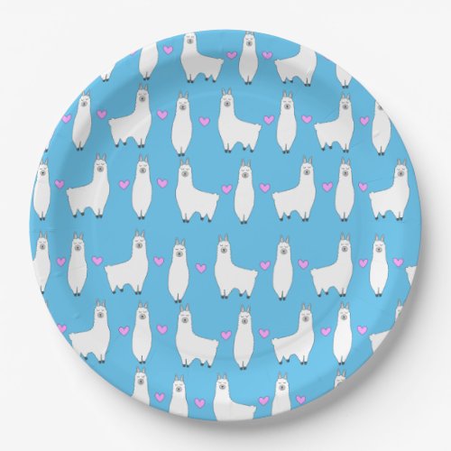 Llamas and Hearts _ Blue _ Childrens Party Paper Plates