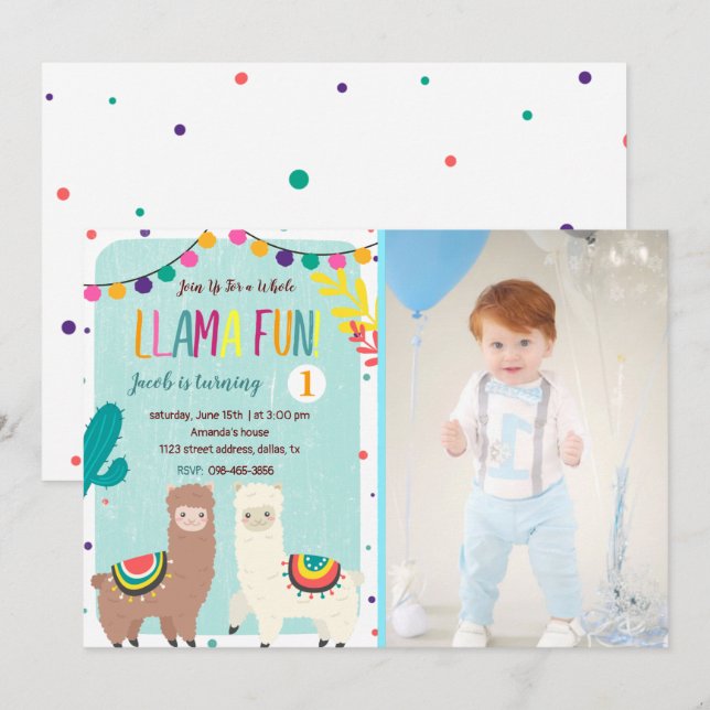 Llamas Blue Birthday Invitation with Photo (Front/Back)