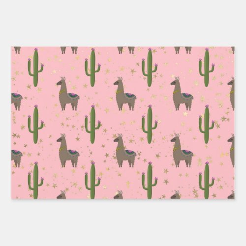 Llamas Cactus and Stars on Pink Wrapping Paper Sheets