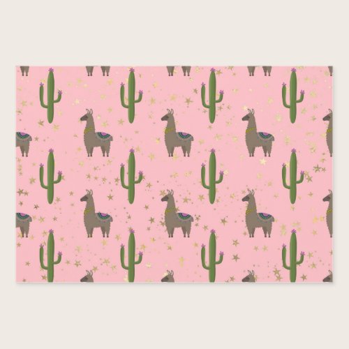 Llamas, Cactus and Stars on Pink Wrapping Paper Sheets