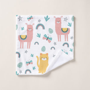 Llamas Cats Alapaca Pink Trim Animals Boho Wash Cloth