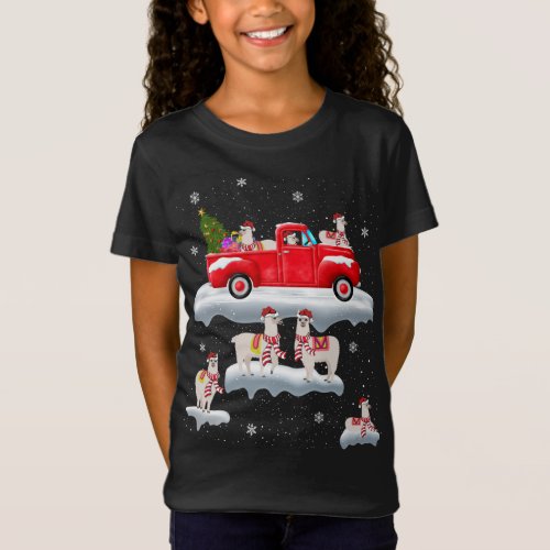 Llamas Driving Christmas Tree Red Truck Llama Chri T_Shirt