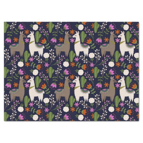 Llamas Flowers and Cactus on Navy Decoupage Tissue Paper