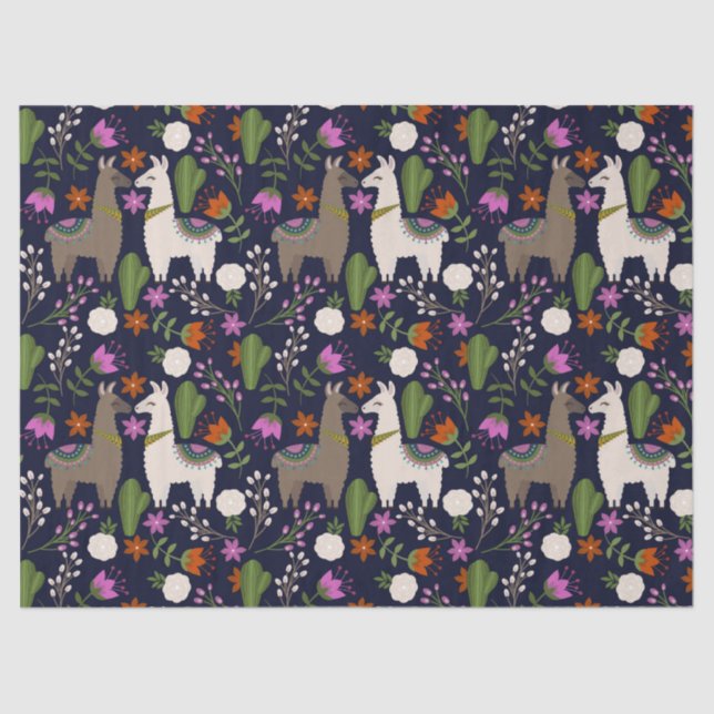 Llamas, Flowers and Cactus on Navy Decoupage Tissue Paper (Front)