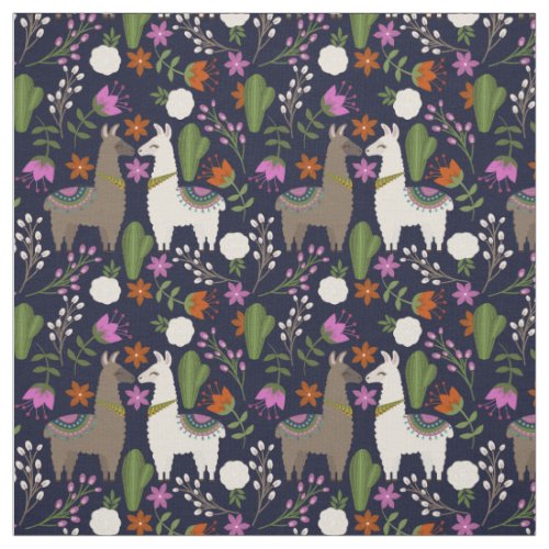 Llamas Flowers and Cactus on Navy Fabric