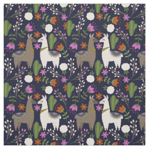 Llamas, Flowers and Cactus on Navy Fabric