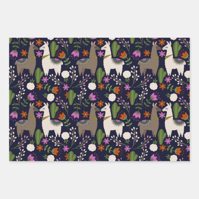 Llamas, Flowers and Cactus on Navy Wrapping Paper Sheets (Front)