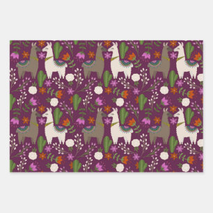 Llamas, Flowers and Cactus on Purple Wrapping Paper Sheets