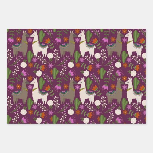 Llamas Flowers and Cactus on Purple Wrapping Paper Sheets