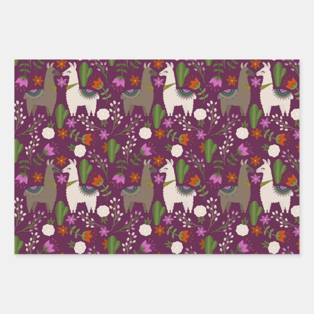 Llamas, Flowers and Cactus on Purple Wrapping Paper Sheets (Front)