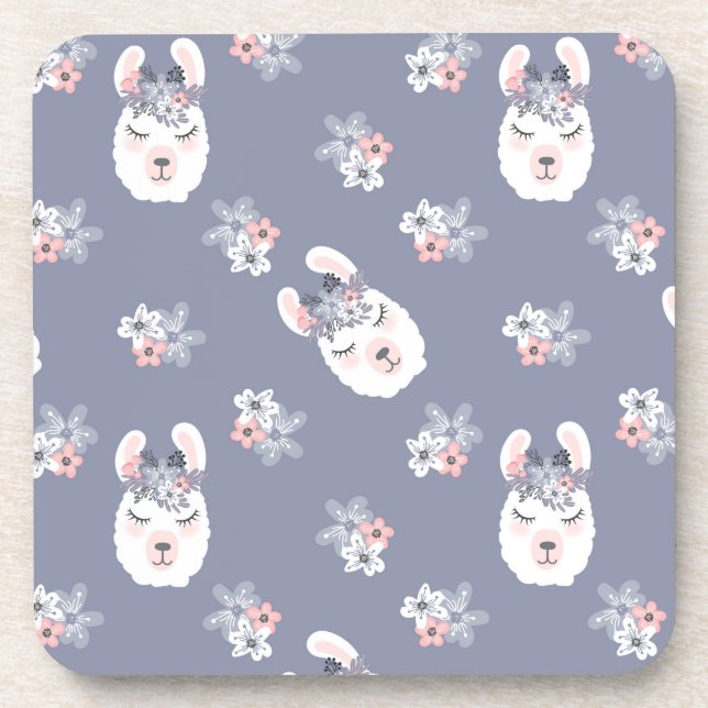 Llamas & Flowers Pattern Beverage Coaster (Front)